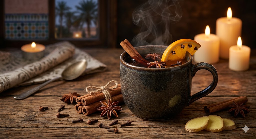 Cinnamon clove warming detox tea — deep amber spiced tea in a ceramic mug with cinnamon sticks, star anise and cloves on rustic wood