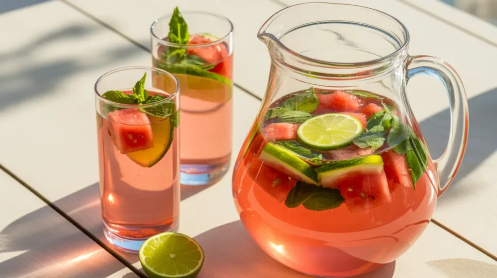 Watermelon mint detox water — beautiful pink pitcher with fresh watermelon chunks, mint leaves and lime slices in summer light