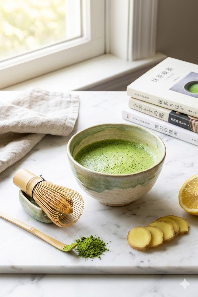 Matcha ginger detox tea — vibrant green frothy matcha latte in a ceramic bowl with fresh ginger and lemon on white marble
