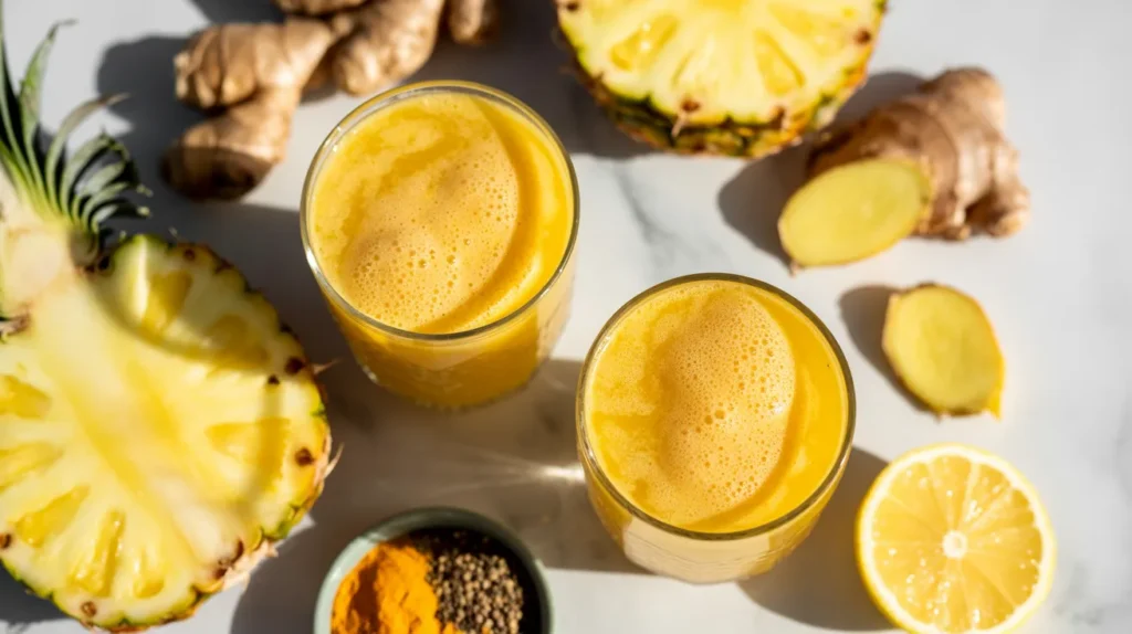 Pineapple ginger detox juice — vibrant tropical yellow juice with fresh pineapple chunks, ginger root and lemon on white marble