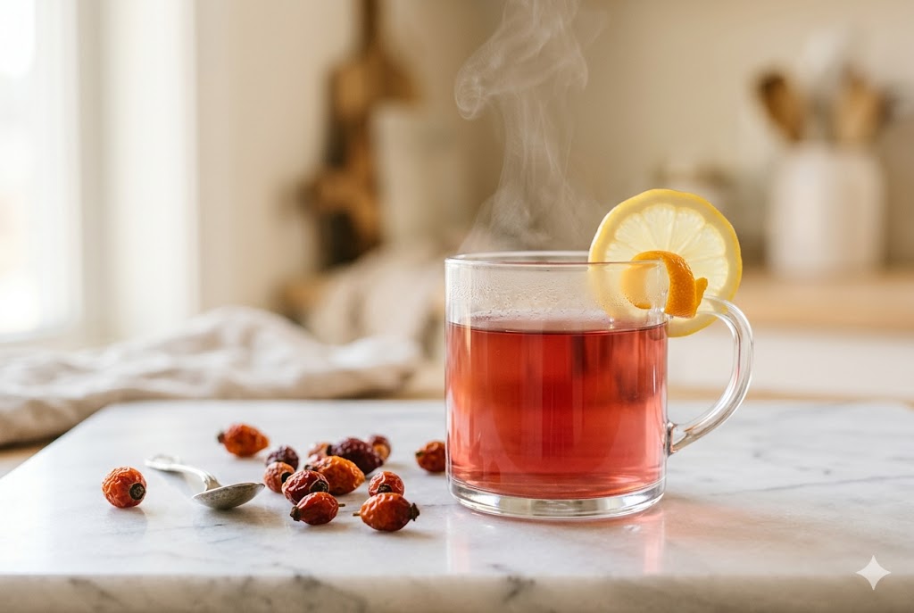 A beautiful cup of rose hip lemon herbal tea, deep amber-pink colour, 
served in a clear glass mug on a white marble surface. Fresh dried rose hips scattered beside the mug, one thin lemon slice on the rim, a small strip of fresh orange peel alongside.