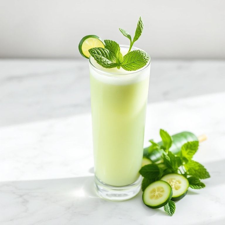 Cucumber mint detox smoothie in a tall glass with fresh cucumber, mint leaves and lime on a white marble surface with condensation