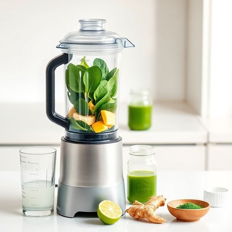 Expert tips for making a detox smoothie — high-speed blender with fresh spinach, frozen fruit and coconut water on a kitchen counter