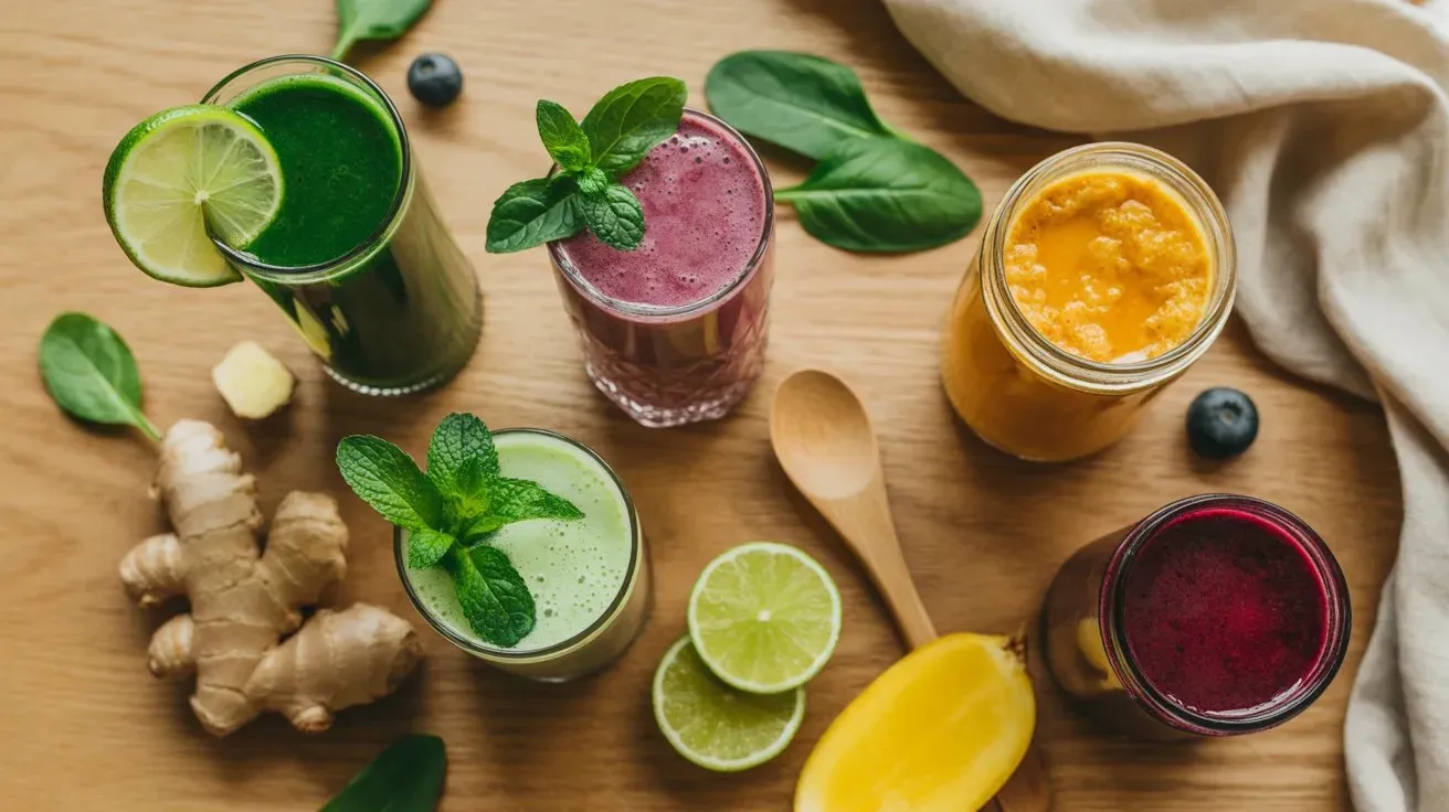 Collection of homemade detox smoothies — green detox smoothie, berry antioxidant blend, golden glow turmeric smoothie and detox island green smoothie in tall glasses on a wooden table