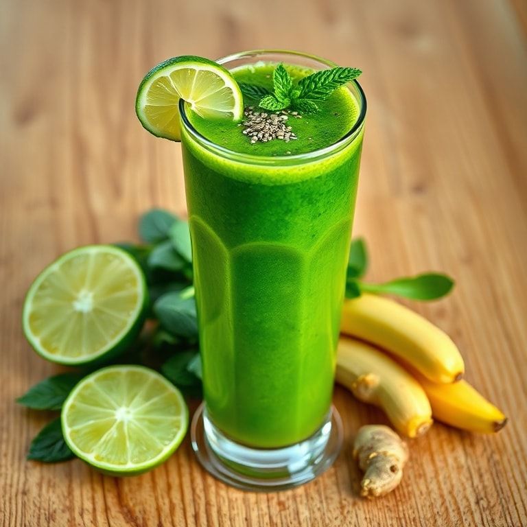 Classic green detox smoothie in a tall glass with spinach, banana and mango, garnished with fresh mint leaves and a lime slice on a wooden surface