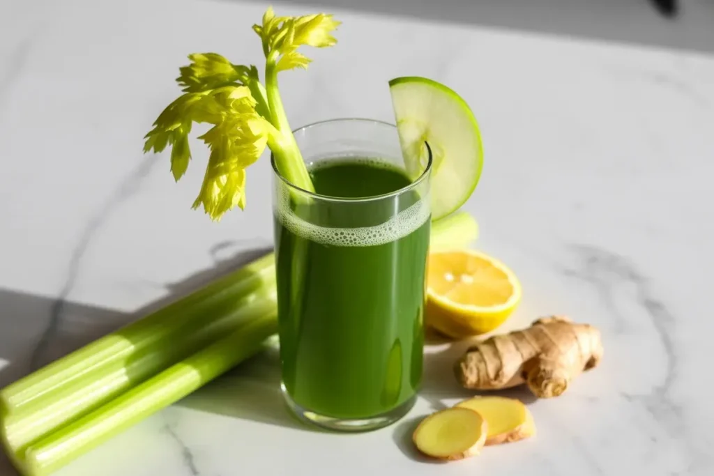 Green apple ginger celery detox juice in a clear glass on white marble, 
with fresh celery stalk garnish, green apple slice, halved lemon 
and sliced ginger root