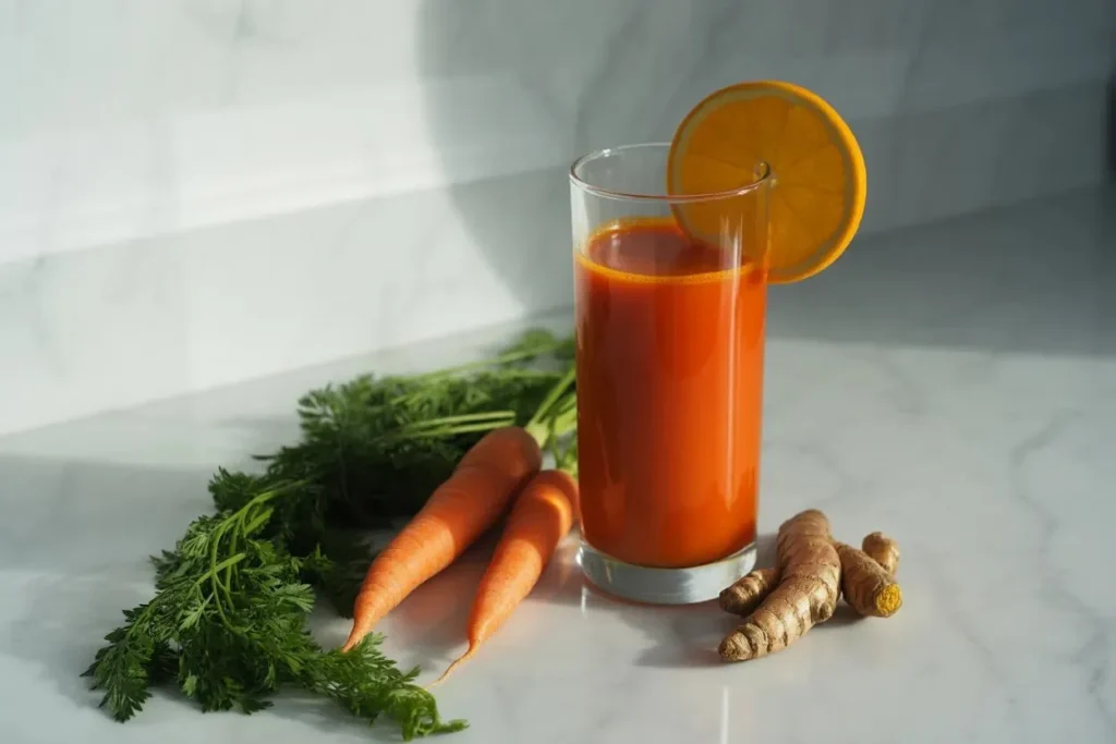 Carrot orange turmeric detox juice — deep orange juice in a clear glass with orange slice and turmeric root on marble
