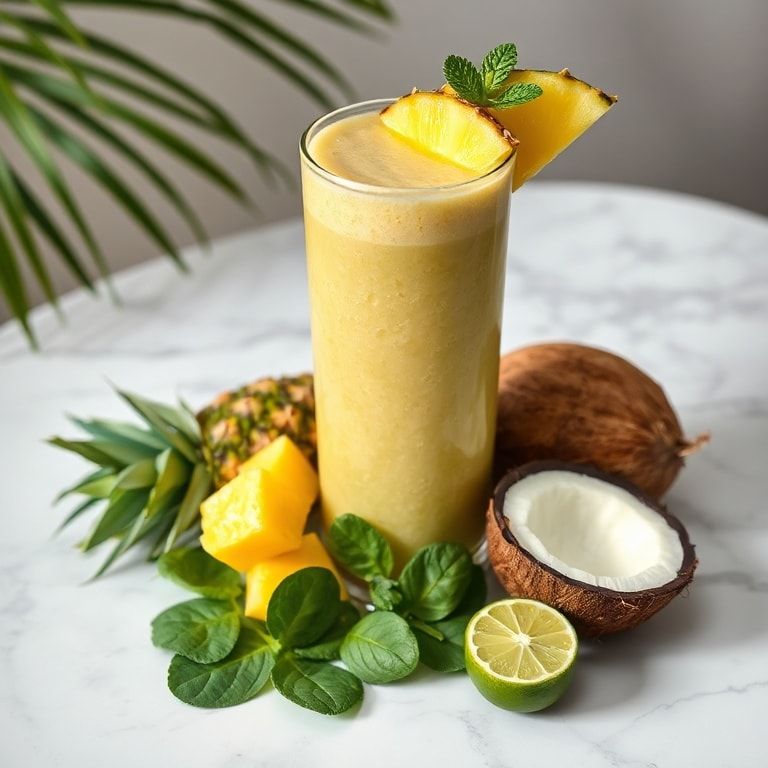 Detox island green smoothie in a tall glass with pineapple, mango, spinach and coconut water garnished with a pineapple slice on a marble surface