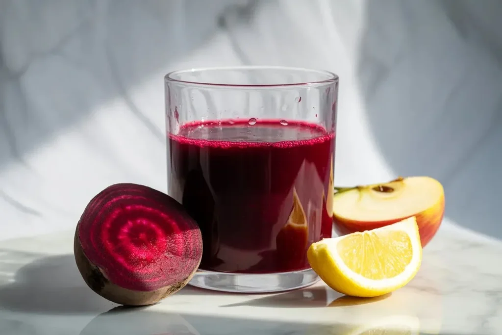 Beet apple lemon detox juice — deep ruby-red juice in a clear glass with raw beetroot half and lemon slice on marble