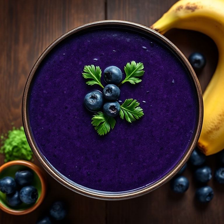 Heavy metal detox smoothie in a deep purple glass with wild blueberries, spirulina, fresh cilantro and banana on a wooden surface