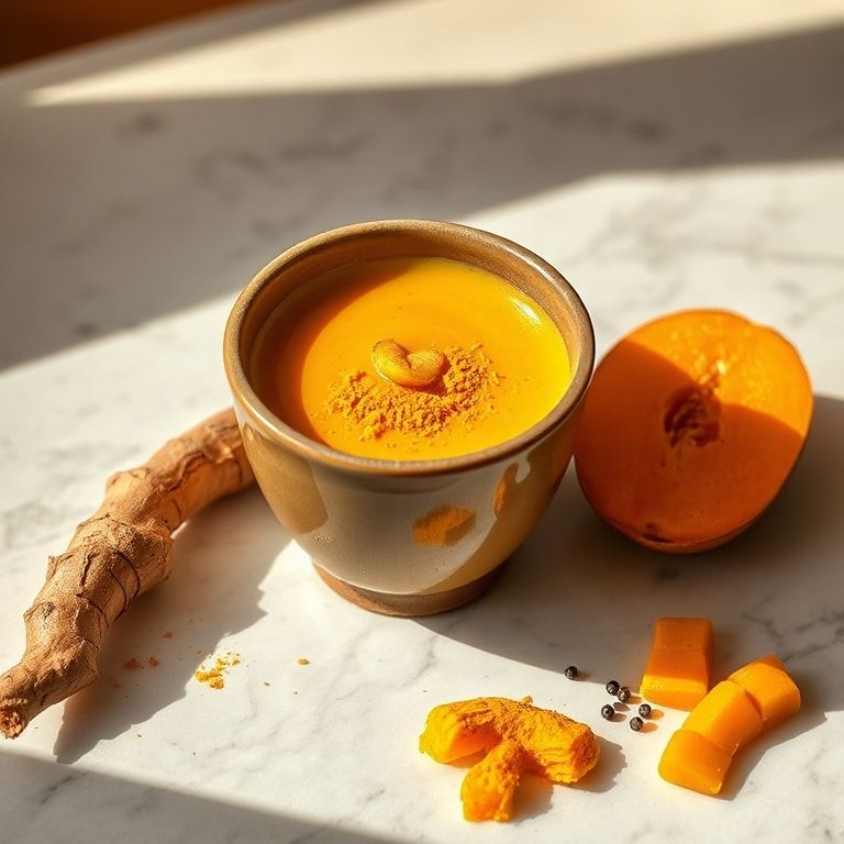 Golden glow detox smoothie in a ceramic cup with turmeric, mango, banana and ginger, dusted with turmeric powder on a marble surface