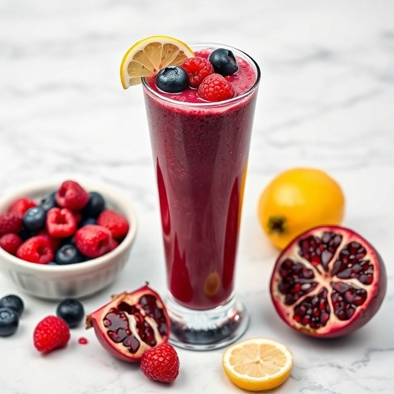 Berry antioxidant detox smoothie in a deep purple glass with wild blueberries, raspberries and pomegranate seeds on a marble surface