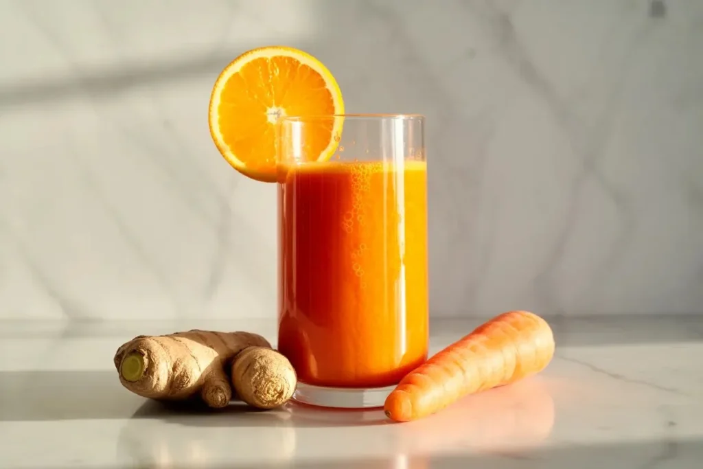 Pomegranate ginger lemon detox juice — deep jewel-red juice in a clear glass with pomegranate seeds and lemon slice on marble