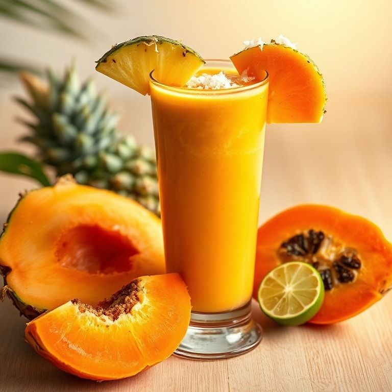 Tropical cleanse detox smoothie in a tall glass with pineapple, papaya and coconut water garnished with a pineapple slice and desiccated coconut on a wooden surface