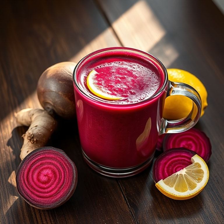 Beet ginger detox smoothie in a deep burgundy glass with roasted beetroot, fresh ginger and lemon on a rustic wooden surface