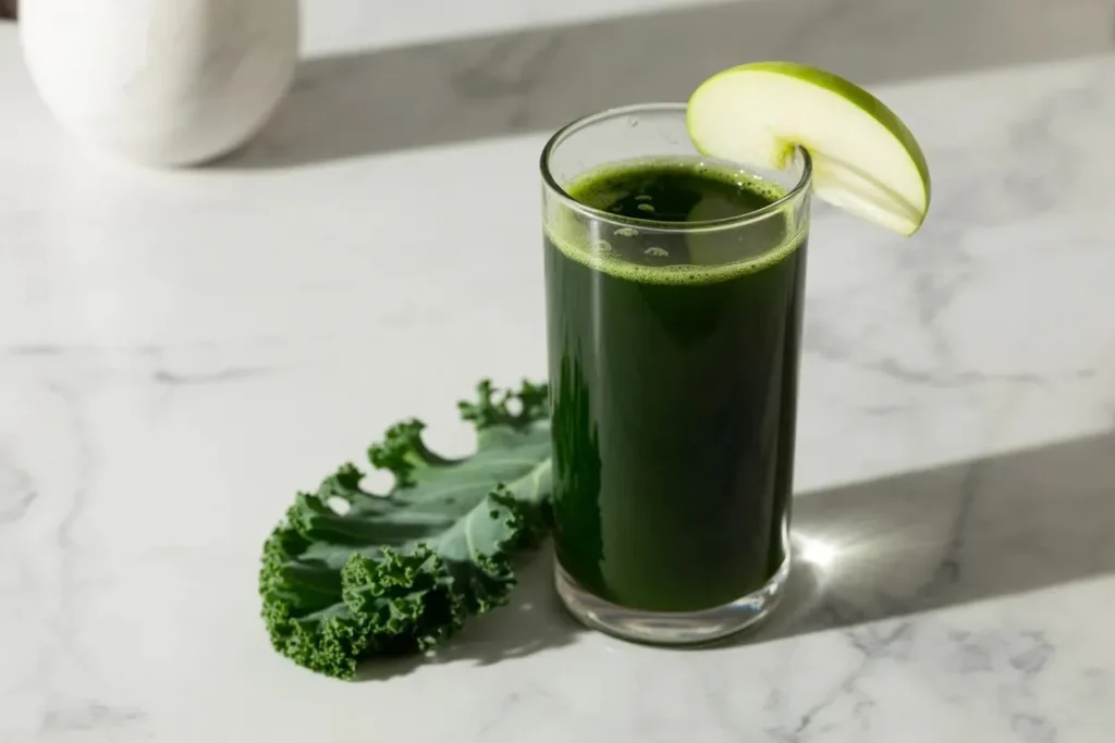 Green kale, apple, and lemon detox juice in a tall clear glass on white marble with fresh kale leaf beside the glass and green apple slice on the rim