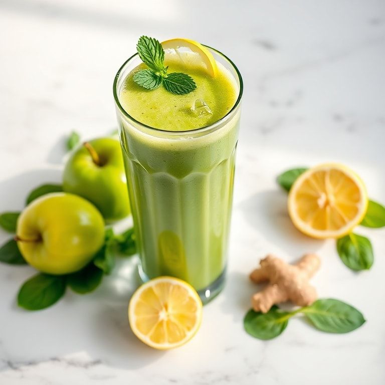 Morning reset detox smoothie in a tall glass with spinach, green apple, lemon and ginger on a marble surface in soft morning light