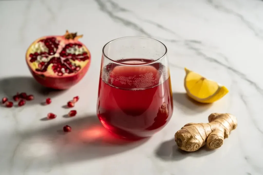 Pomegranate ginger lemon detox juice — deep jewel-red juice in a clear glass with pomegranate seeds and lemon slice on marble