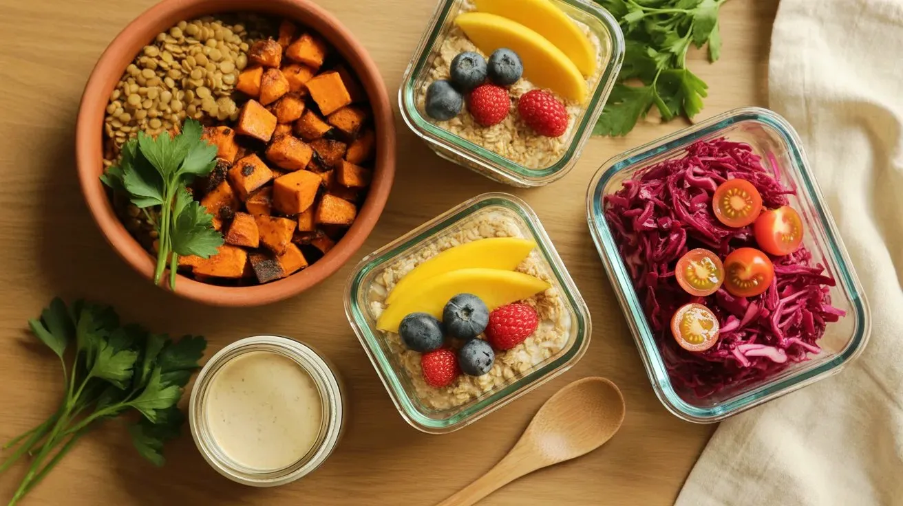 Colorful vegan meal prep ideas spread — golden lentil bowls, overnight oats jars and roasted vegetable containers on a wooden table with fresh herbs