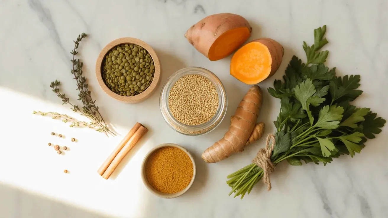 Plant-based vegan meal prep ingredients — green lentils, quinoa, sweet potato, turmeric root and fresh herbs arranged on a white marble surface