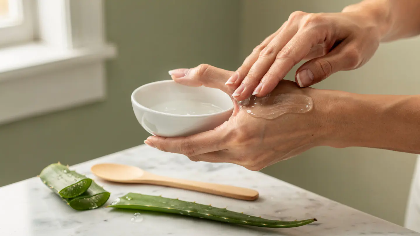 Hands applying a thin layer of clear aloe vera gel face mask to clean skin with fingertips, with a fresh aloe vera leaf sliced open and a small white bowl of gel on white marble nearby.