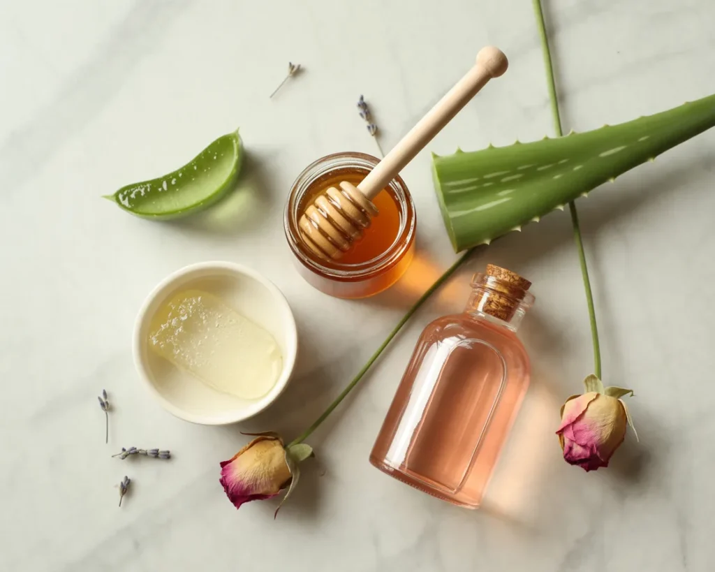 DIY aloe vera and honey face mask ingredients — small bowl of clear aloe vera gel, open honey jar with wooden dipper, rose water glass bottle and fresh aloe vera leaf on white marble.