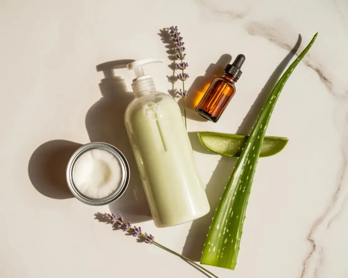Aloe vera leaf, lavender sprigs, essential oil dropper and natural aloe vera shampoo bottle on white marble surface