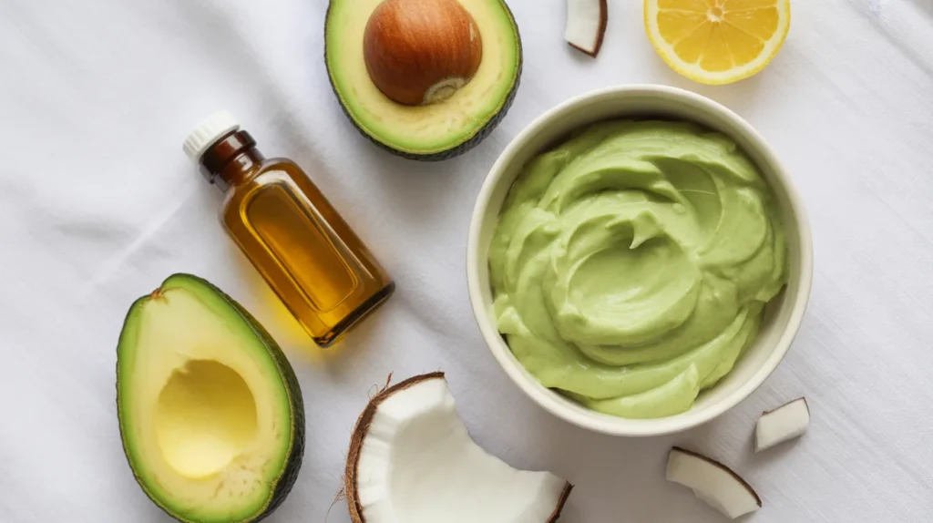 Avocado and coconut oil shine hair mask in a white ceramic bowl. 
with a halved avocado, olive oil and lemon slice on a linen surface