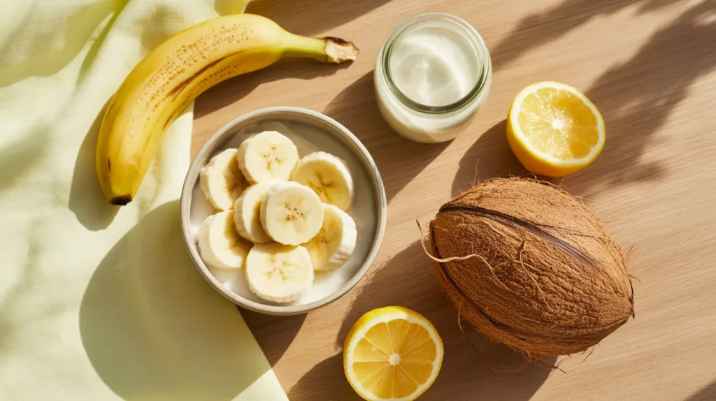 Homemade banana and coconut oil hair repair mask in a ceramic bowl 
with a ripe banana, plain yoghurt and lemon on a wooden surface