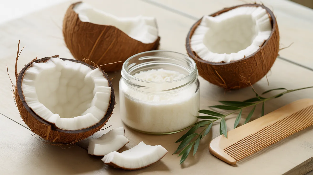 A glass jar of virgin coconut oil surrounded by fresh coconut halves and a wooden hair comb on a light wooden surface