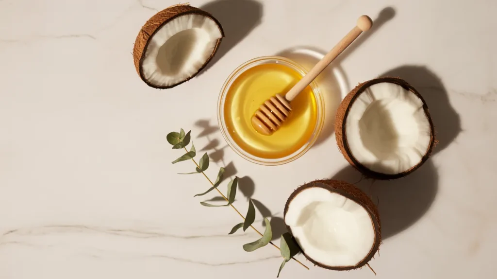 DIY coconut oil and honey hair mask in a glass bowl with a wooden 
honey dipper and fresh coconut halves on a white marble surface