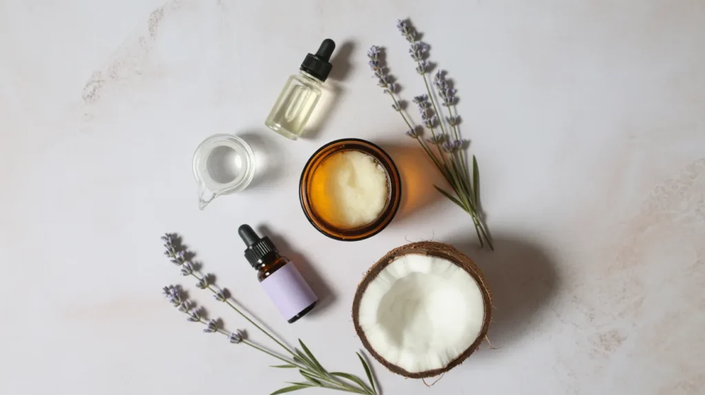 Coconut oil scalp-soothing mask with tea tree and lavender essential 
oils in an amber glass jar with fresh lavender sprigs on a stone surface