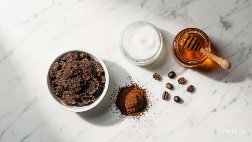 Coffee, coconut oil, and honey homemade lip scrub for dark-stained lips—a small ceramic bowl of dark brown coffee scrub, ground espresso coffee, a coconut oil jar, and honey on white marble.