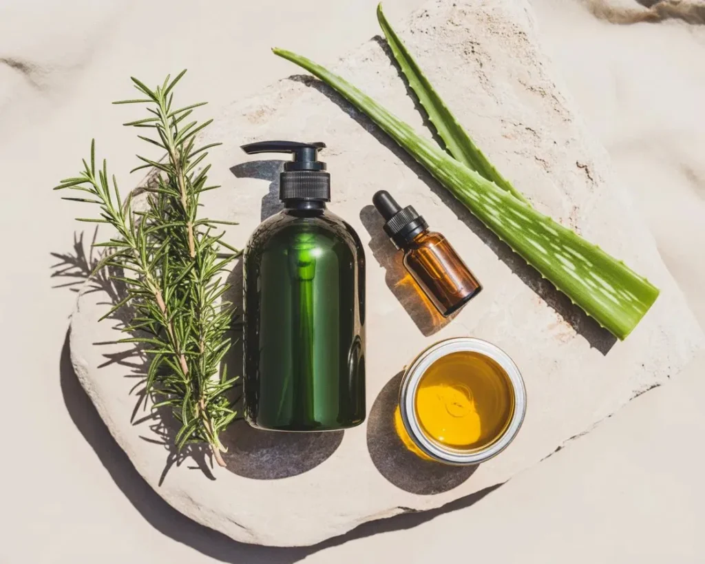 DIY aloe vera and rosemary hair growth shampoo ingredients— 
fresh rosemary sprigs, aloe vera leaf, essential oil dropper 
and castor oil jar on natural stone surface