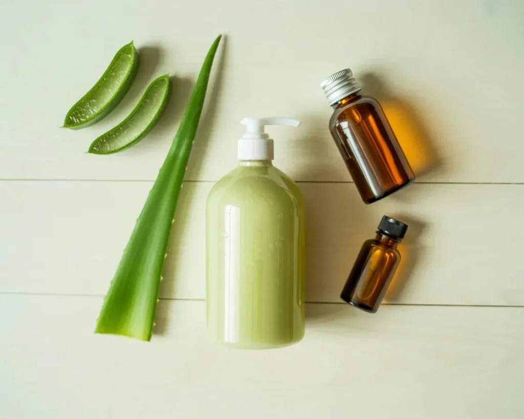 DIY basic aloe vera shampoo ingredients — fresh aloe vera 
slices, pale green shampoo bottle and amber oil bottles 
on pale wooden surface