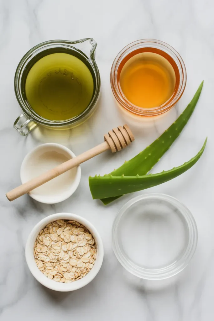 DIY green tea facial cleanser ingredients including honey aloe vera oats and rice water