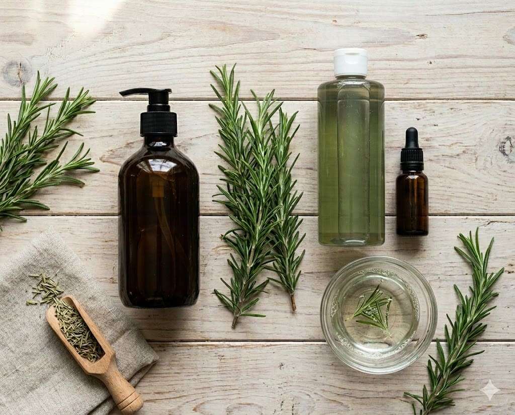DIY rosemary oil shampoo ingredients—castile soap bottle, fresh 
rosemary sprigs, rosemary essential oil dropper and rosemary water 
on pale wooden surface
