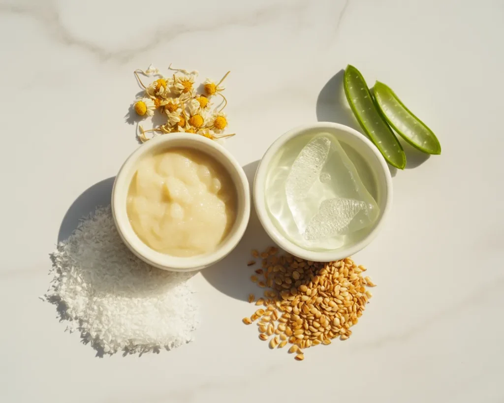 DIY flaxseed and aloe vera gel face mask ingredients for sensitive skin—two bowls of clear gel, dried chamomile flowers, aloe vera leaf, and golden flaxseeds on white marble.