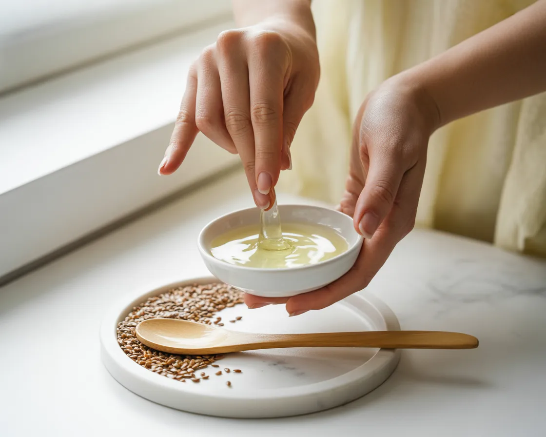 Hands gently applying a thin layer of clear flaxseed gel face mask to clean skin, with a small bowl of gel and golden flaxseeds on a white marble surface nearby.