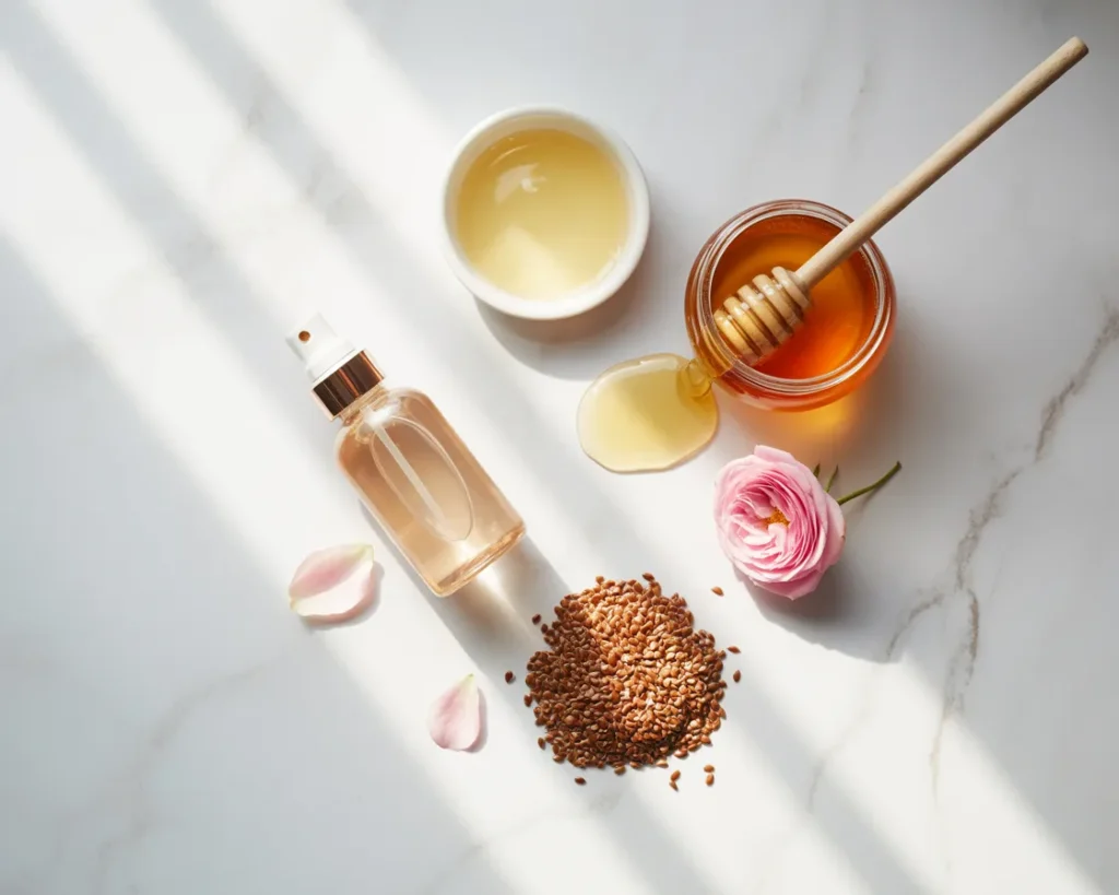DIY flaxseed gel, honey, and rose water face mask ingredients—small bowl of clear flaxseed gel, open honey jar with wooden dipper, rose water glass bottle, and golden flaxseeds on white marble.