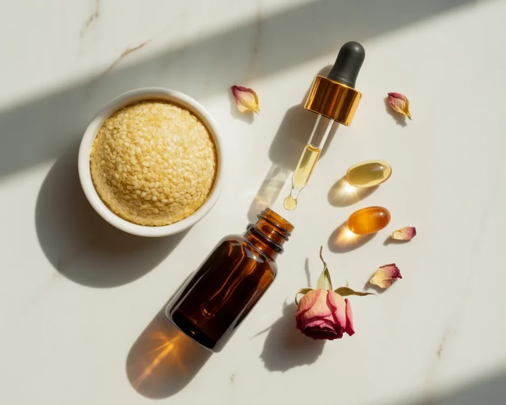 DIY flaxseed gel rosehip oil and vitamin E face mask for mature skin—small bowl of flaxseed gel, amber rosehip oil dropper bottle, vitamin E capsules, and rose petals on white marble.
