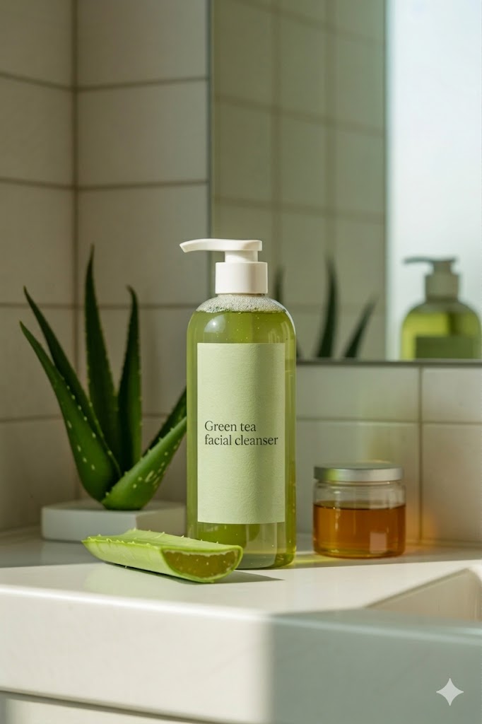Green tea facial cleanser with natural skincare ingredients on bathroom counter