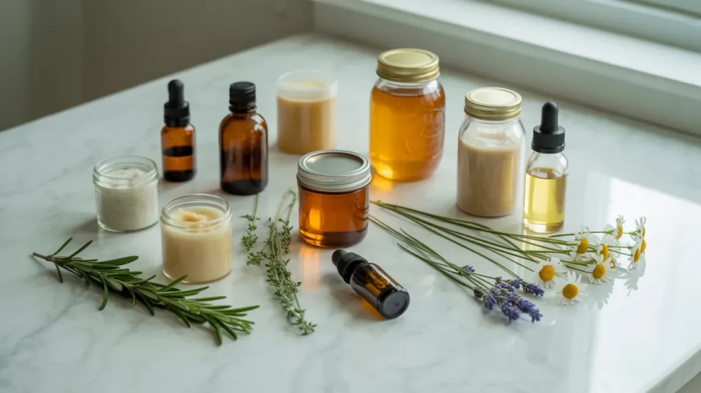 Homemade shampoo ingredients flat lay — glass bottles, fresh herbs, raw honey, castile soap and essential oil droppers on white marble