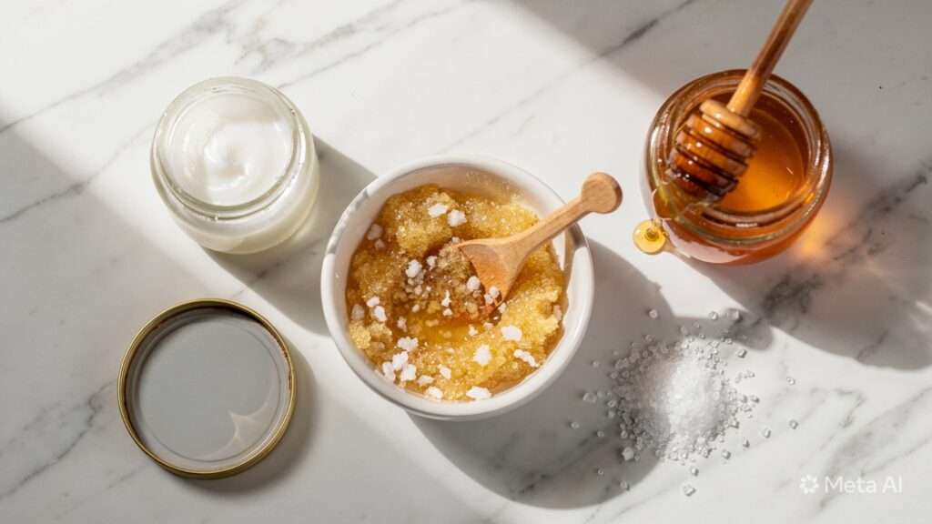 Homemade lip scrub is being mixed in a small ceramic bowl—white sugar granules and golden honey are being combined with a wooden spatula on white marble, with an open coconut oil jar and honey dipper nearby.