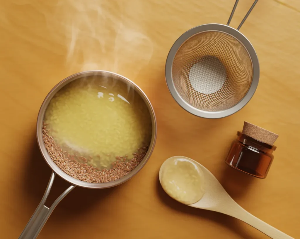 Whole golden flaxseeds simmering in a small saucepan with water to make flaxseed gel for a DIY face mask, with a fine mesh strainer and glass jar nearby.