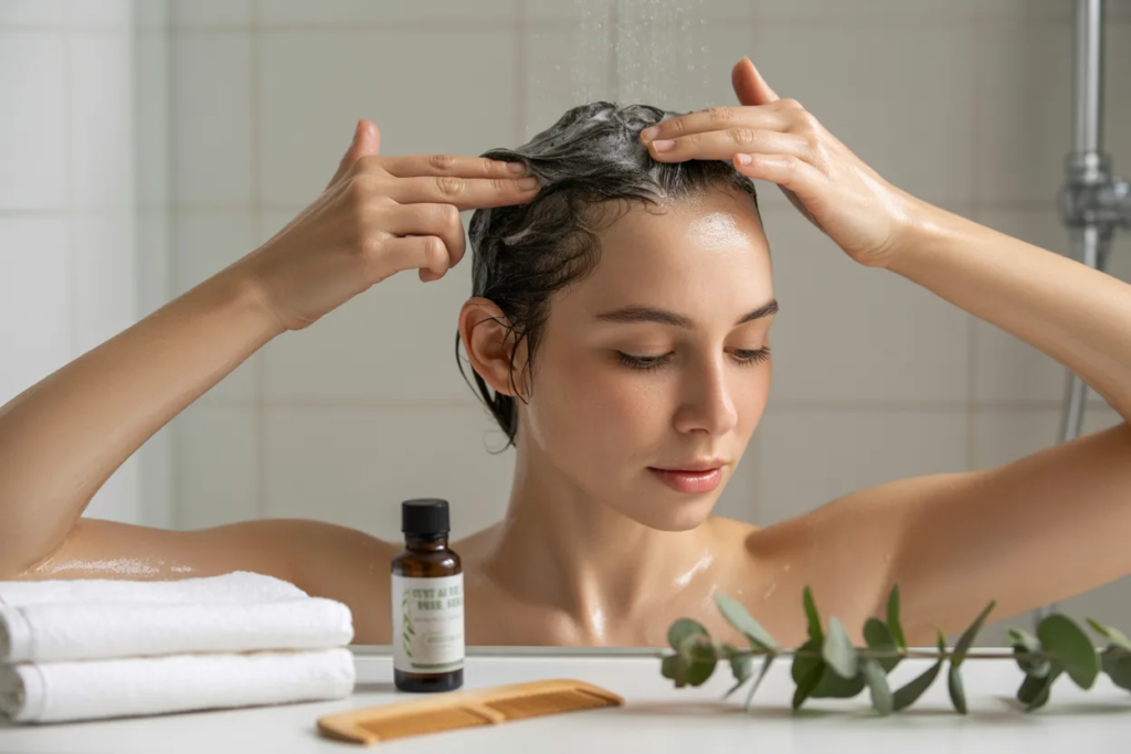 A woman massaging scalp with tea tree shampoo for dandruff in the shower.
