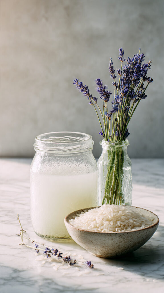 Rice water for hair ingredients flat lay on white marble glass. jar of milky rice water, bowl of uncooked white rice, fresh lavender and rosemary sprigs with wooden spoon