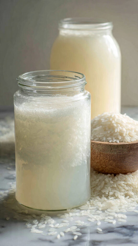 Concentrated boiled rice water in a tall glass jar on white marble with scattered white rice