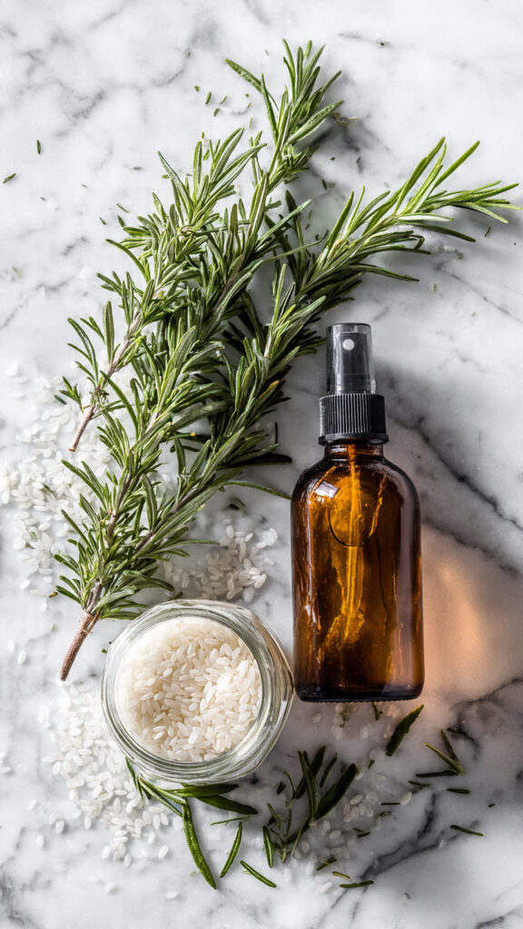 Rice water rosemary spray in an amber bottle with fresh rosemary sprigs on white marble