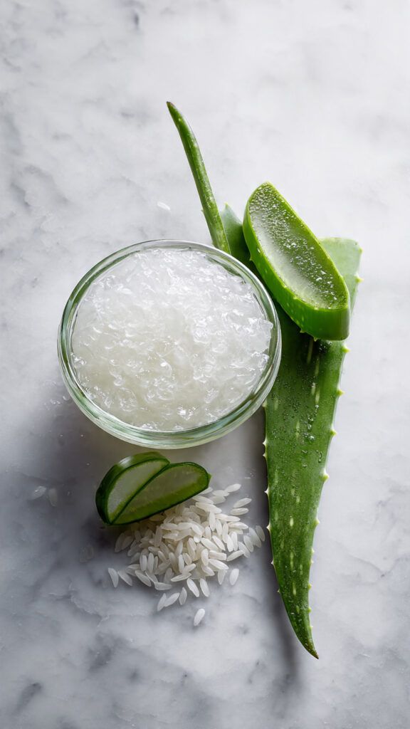 Rice water and aloe vera hair mask in a glass bowl with fresh aloe leaf on white marble